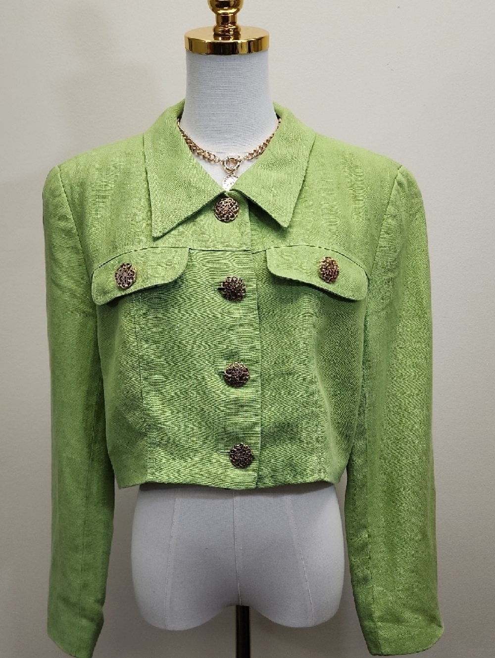 Scaasi Lime Green Linen Cropped Jacket Textured Button Blazer Size 12 - Picture 2 of 16